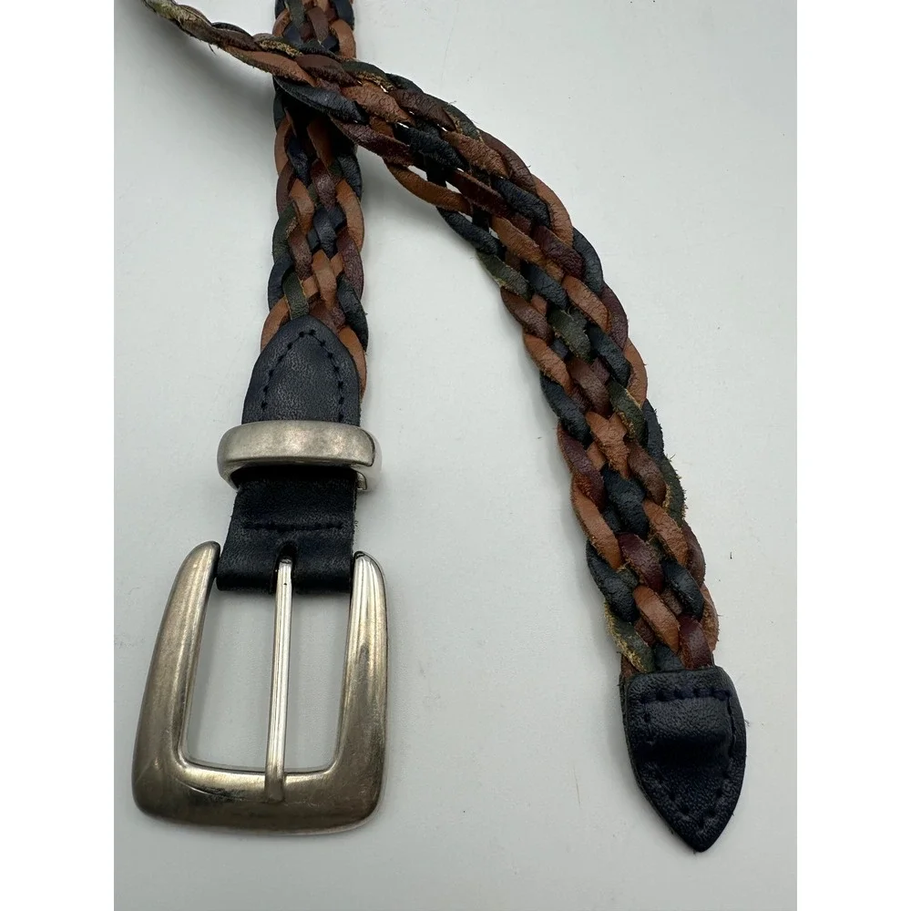 Vintage Braided Leather Belt XL Multicolor Brown Navy Western Boho Casual Silver